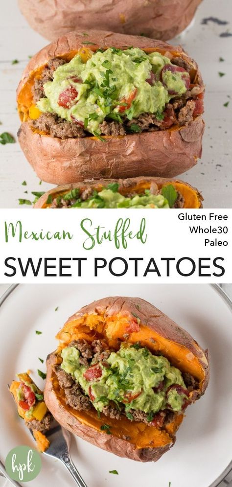 These Mexican Stuffed Sweet Potatoes are a filling and easy weeknight recipe. Made with ground beef and other taco flavors, it's a healthy meal that's perfect whether you're gluten free, paleo, or Whole30! #stuffedsweetpotatoes #mexican #whole30 #paleo #easyrecipe Mexican Stuffed Sweet Potatoes, Stuffed Sweet Potato, Stuffed Sweet Potatoes, Easy Guacamole, Cooking Sweet Potatoes, Whole30 Recipes, Healthy Gluten Free Recipes, Easy Weeknight, Sweet Potato Recipes