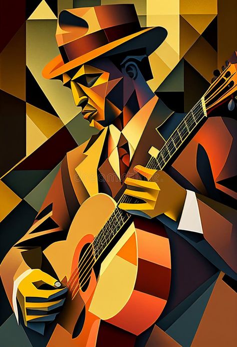 Afro-American Male Musician Guitarist Playing a Guitar in an Abstract Cubist Style Painting Stock Illustration - Illustration of nola, guitar: 278024560 Cubist Art Ideas, Person Playing Guitar, Guitarist Illustration, Abstract Guitar Painting, Music Illustration Art, Black Art Painting Abstract, Guitar Art Painting, Country Music Art, Guitarist Art