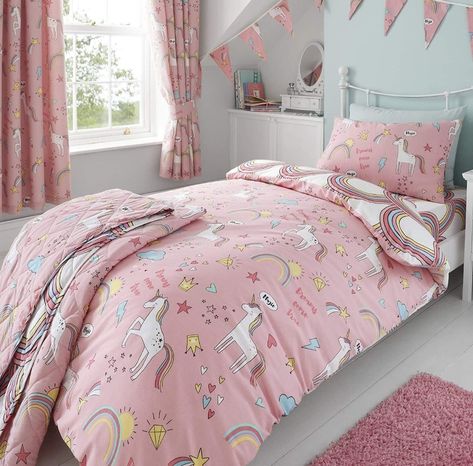 Kids bedding, kids room ideas, unicorns Toddler Cot, Toddler Duvet Cover, Unicorn Bedding, Rainbow Bedding, Pencil Pleat Curtains, Pleat Curtains, Pink Duvet Cover, Kids Bedding Sets, Double Duvet Covers