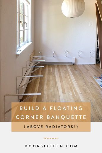 I built a floating corner banquette above the baseboard radiators in my dining room! Built In Bench Over Baseboard Heat, Built In Bench Over Radiator, Banquette Over Baseboard Heating, Half Wall Banquette Seating, Tiny Banquette, Floating Corner Bench Seat, Built In Corner Bench Dining Room, Floating Kitchen Bench Seating, Table Built In Bench