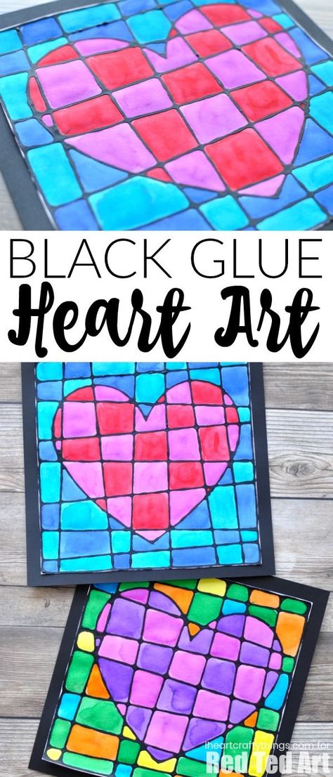 Black Glue Heart Art Project - Stained Glassed Heart Art. How beautiful is this art projects for kids this Valentine's Day? Would make a gorgeous gift too!  #blackglue #heartart #valentinesday #artprojects #kidscrafts #art Heart Art Projects, Valentine Art Projects, Black Glue, Glue Art, Project Red, Cubism Art, Ecole Art, Valentines Art, Valentines Day Activities