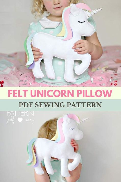 Felt Unicorn Pillow sewing pattern. This pretty pastel unicorn toy or cushion is stitched entirely by hand and is the perfect sewing pattern for beginners and children. This larger sized unicorn pattern is now available as part of the hugely popular Felt Unicorn Pattern. You will receive both small and large pattern sizes to make at home. SewModernKids Stuffed Unicorn Pattern Sewing, Unicorn Stuffed Animal Pattern Free, Unicorn Sewing Pattern Free, Felt Unicorn Pattern, Unicorn Sewing Pattern, Fabric Unicorn, Unicorn Sewing, Sewing Pattern For Beginners, Pillow Sewing