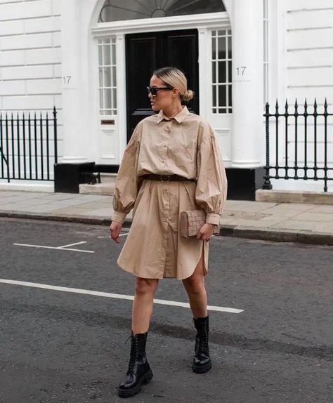 How To Style Shirt Dress Or Oversized Shirt This Fall | Fashionisers© - Part 2 How To Dress Oversized Shirt, Beige Shirt Dress Outfit, Oversized Shirt Dress Outfit, Oversized Dress Outfit, How To Style A Shirt Dress, Oversized Button Up Shirt Dress, Style A Shirt Dress, Winter Shirt Dress, Beige Shirt Dress