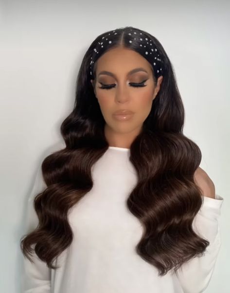 Half Up Half Down Photoshoot Hair, Classy Hairstyles For Prom, Hollywood Curls With Pearls, Hollywood Waves Pearls, Hollywood Waves With Pearls, Prom Hairstyles With Pearls, Hair Styles With Pearls, Pearl Hairstyles, Hair With Pearls