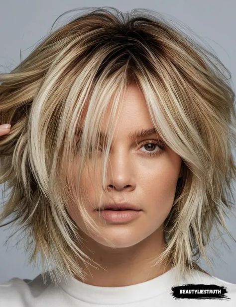 Layered Bobs For Fine Hair Medium, Medium To Short Length Hair With Layers, Chin Length Bob With Layers Thick Hair, Chin Length Hair 2024, Women’s Hairstyles With Bangs, Shaggy Haircuts Medium Messy Bob, One Length Short Hair, Medium Length Stacked Bob, Neck Length Hair With Bangs