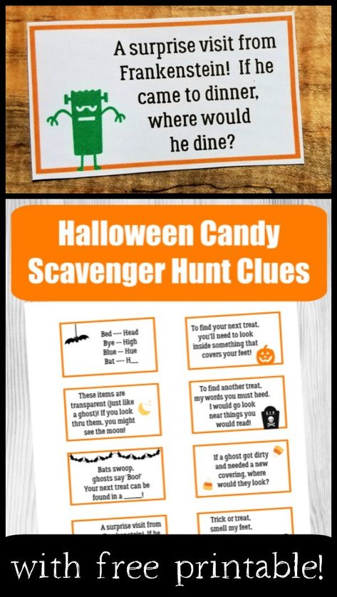 Halloween Candy Scavenger Hunt | FREE printable - Edventures with Kids Halloween Treasure Hunt For Kids, Candy Scavenger Hunt, Halloween Treasure Hunt, Halloween Games Activities, Fall Scavenger Hunt, Treasure Hunt For Kids, Scavenger Hunt Clues, Halloween Scavenger Hunt, Picture Clues