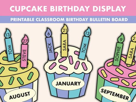 This Cupcake Birthday display kit is the perfect way to liven up your classroom. Amaze your students with this Printable birthday bulletin board kit complete with 12 month images and editable name tags. Use as a birthday bulletin board display or on your classroom door. ▼THIS KIT INCLUDES - 12 Employee Birthday Board, Cupcake Bulletin Boards, Teacher Core, Class Birthday Display, Birthday Chart Classroom, Editable Name Tags, Birthday Bulletin Board, Birthday Board Classroom, Class Birthdays