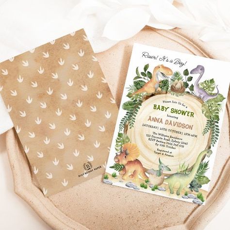 $2.09 | Rustic Dinosaur Greenery Boy Baby Shower - dinosaur, prehistoric, jurassic animals, triceratops brontosaurus brachiosaurus, t rex t-rex pterodactyl, rustic tropical greenery, rawr it's boy, baby shower, dino theme, cute whimsical sweet cool Dino Theme, Tropical Greenery, Dinosaur Theme, Blue Bunny, Boy Baby Shower, Baby Shower Invitations For Boys, Boy Baby, Baby Shower Invitation, Baby Announcement