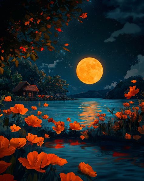 🌕✨ A beautifully detailed orange moon casts its glow over a serene lake, with vibrant flowers and a cozy cottage nestled by the river. 🌸🏡 #OrangeMoon, #CottageByRiver, #VibrantFlowersArt, #DigitalMoonIllustration, #PeacefulNightScene, #LakeAndMoon Fall Moon, Peaceful Ambience, Moon Orange, Children Painting, Orange Moon, Orange Sunset, Moon Illustration, Moon River, Pretty Landscapes