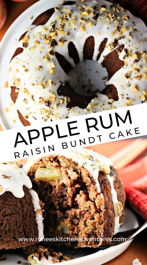 Two photos of an apple rum raisin bundt cake. Overhead full finished cake and a slice of cake ready to eat. Apple Raisin Cake Recipe, Rum Raisin Pie, Apple Rum Cake, Apple Raisin Cake, Rum Raisin Cake, Raisin Recipes Baking, Rum And Raisin Cake, Raisin Bars, Snacking Cakes