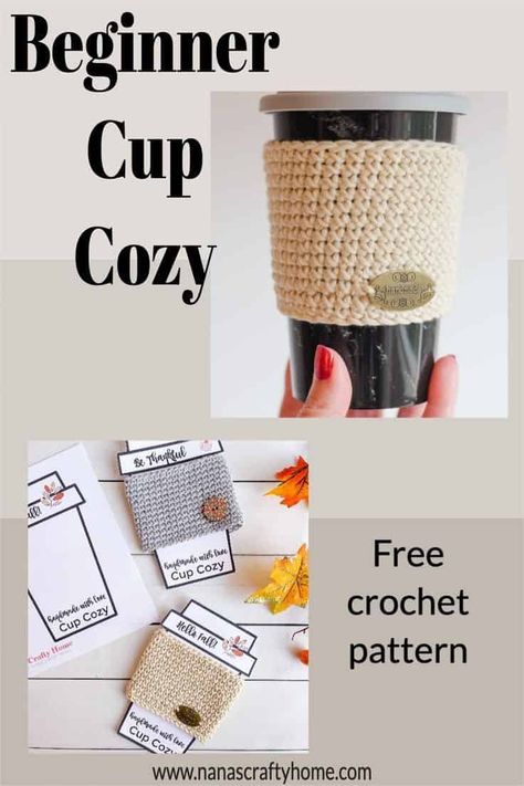 Easy Crochet Coffee Sleeve, Beginner Crochet Coffee Cozy, Crochet Cup Cozy Tutorial, Beginner Crochet Cup Cozy, Easy Cup Cozy Crochet Pattern, Easy Crochet Cup Cozy, Crochet Coffee Holder, Cozy Cup Crochet Pattern, Crochet Pumpkin Cup Cozy