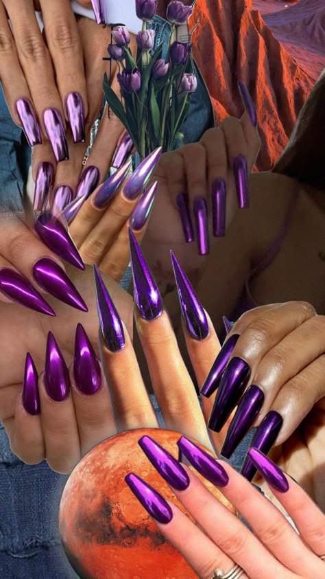 Metalic Purple Nail, Dark Purple Metallic Nails, Shiny Purple Nails, Electric Purple Nails, Chrome Nails Designs Short, Dark Purple Chrome Nails, Purple Metallic Nails, Metallic Purple Nails, Chrome Purple Nails