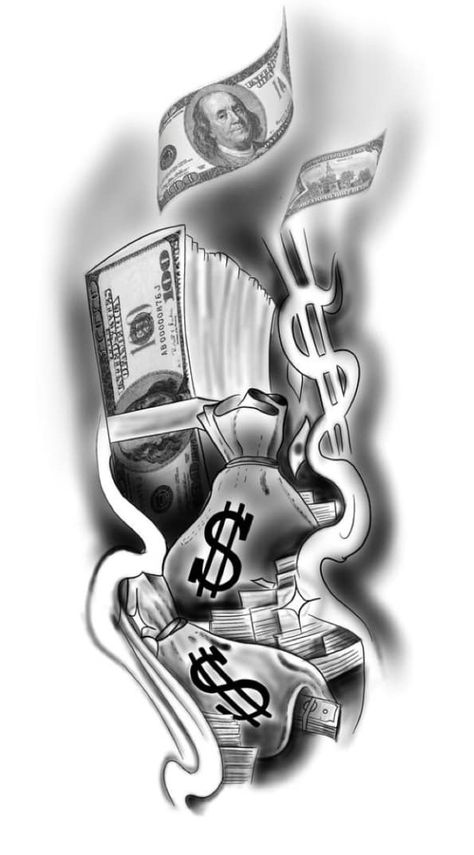 Hand Money Tattoo, Get Rich Or Die Trying Tattoo Stencil, Money Sleeve Tattoos, A24 Tattoo, Money Tattoo Designs Drawings, Get Rich Or Die Trying Tattoo, Money Rolls Tattoo, Money Hungry Tattoo, 100 Dollar Bill Tattoo Designs