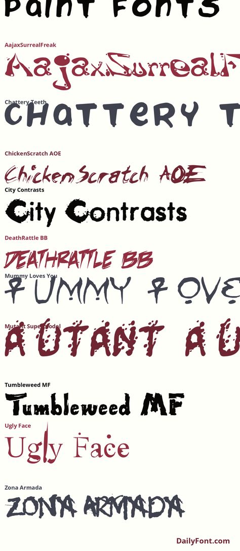 26 Paint Fonts at DailyFont.com Writing Fonts Free Hand, Free Hand Fonts, Fonts Design Ideas, Paint Font, Font Examples, Writing Fonts, Battery Park, Web Fonts, Best Free Fonts