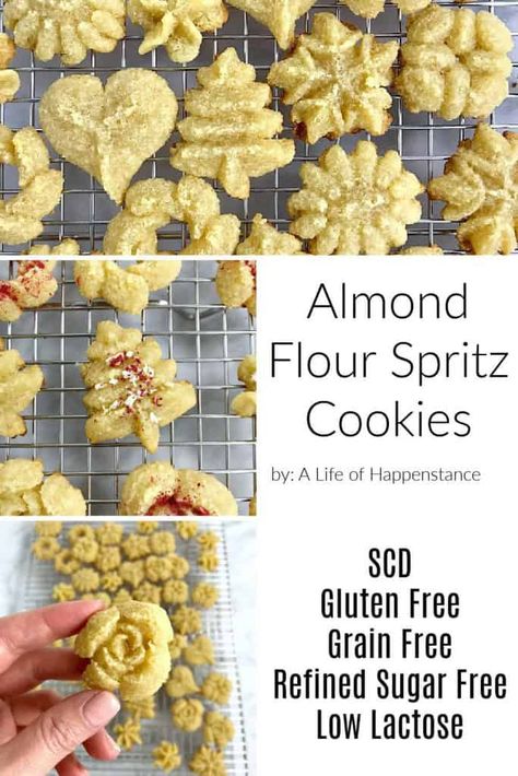 Almond Flour Spritz Cookies, Healthy Spritz Cookies, Keto Spritz Cookies Recipes, Sugar Free Spritz Cookies, Gluten Free Spritz Cookies, Low Carb Cookie Recipes, Scd Desserts, Dairy Free Deserts, Christmas Spritz Cookies