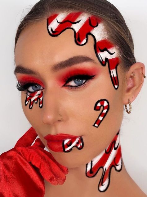 pop art candy cane makeup look Makeup Looks Winter, Christmas Makeup Looks, Xmas Makeup, Christmas Eyeshadow, Halloweenský Makeup, Christmas Eye Makeup, Candy Makeup, Media Makeup, Christmas Makeup Look