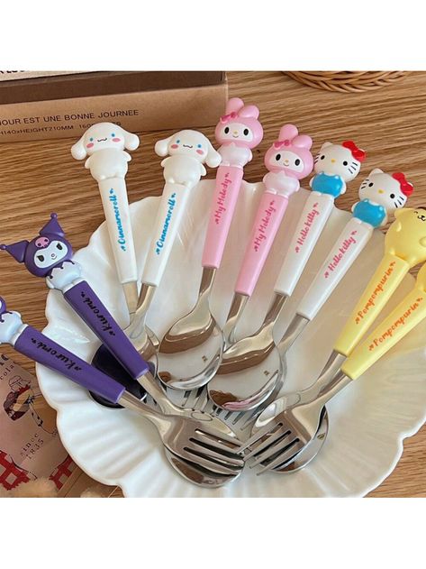 304 Stainless Steel   Cutlery Set Kawaii  Fork  Spoon Fashion Printing PortableI discovered amazing products on SHEIN.com, come check them out! Kawaii Cutlery, Kawaii Utensils, Cute Spoons, Food Utensils, Kitchen Christmas Gifts, Portable Kitchen, Condiment Holder, Cutlery Sets, Disposable Plates