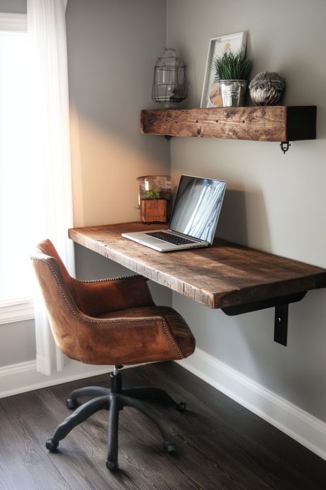 "Create a cozy workspace with a DIY Rustic Wood Floating Desk! 🪵✨ Perfect for small spaces, this project combines style and function, adding a rustic charm to your home office. Get crafting and make work-from-home more enjoyable! 🏡💼 #RusticDecor #DIYDesk #HomeOffice" Floating Wooden Desk, Rustic Home Office Design, Rustic Farmhouse Office Decor, Studying Table Ideas, Floating Desk In Front Of Window, Small Cozy Office, Floating Wood Desk, Wood Desk Setup, Diy Home Office Ideas