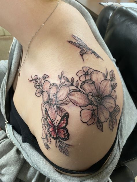 Daisy And Hummingbird Tattoo, Hummingbird Magnolia Tattoo, Magnolia And Butterfly Tattoo, Peony Hummingbird Tattoo, Hummingbird Wings Tattoo, Butterfly Hummingbird Tattoo, Hummingbird Shoulder Tattoo, Hummingbird And Butterfly Tattoo, Hummingbird And Flower Tattoo