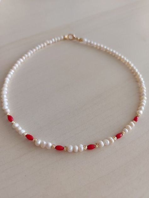 Freshwater Pearl and red coral necklace, Red coral necklace, dorika bead necklace, Summer jewelry, Beach accessories, Bridesmaid gift Coral Pearl Necklace, Valentine Beaded Jewelry, Red Bead Necklace Ideas, Beach Pearl Necklace, Gold And Red Necklace, Beaded Necklace Red, Red Necklace Beads, Valentines Beaded Jewelry, Red Beaded Jewelry