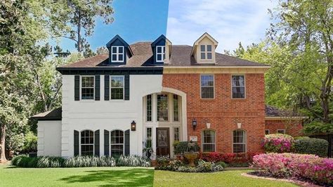 Lessons From Listings Photos: A '90s Home Gets a Major Glow-Up | realtor.com® Limewash Colonial House, Brick Colonial Before And After, Brick Exterior Makeover Before After, 90s Exterior Before And After, Update 2000s Home Exterior, 90s House Remodel Exterior, Update 90s House Exterior, Painted Colonial Brick House, Colonial Brick House Exterior