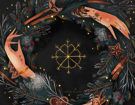 Diana Renzhina on Behance Solstice Winter, Waldorf Chalkboard, Solstice Art, Themed Illustrations, Illustration Ideas, Witchy Decor, Witch Art, Witch Aesthetic, Winter Solstice