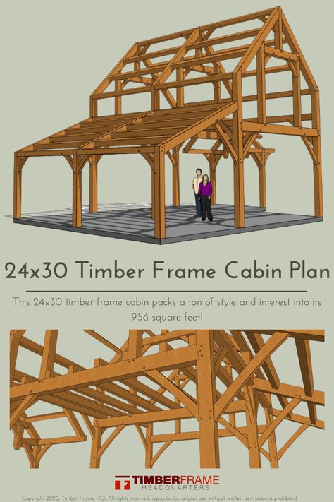 There is so much happening in this 24×30 timber frame cabin! It has an entry porch with a hammer-beam truss and extended purlins, a steeply pitched main gable flanked by a shed wing, and a cantilevered lookout over the first floor. If you are an experienced timber framer looking for a plan to be proud of and enjoy, this exciting frame may be just what you are after! Small Timber Frame House Plans, Timber Frame Cabin Plans, Timber Frame House Plans, Wings Printable, Frame House Plans, Timber Frame Plans, Timber Frame Cabin, Timber Frame Joinery, Cabin Plan