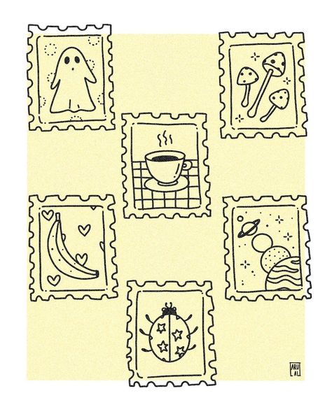 Cute Postage Stamps Design, Ghost Stamp Tattoo, Stamps Tattoo Ideas, Stamp Tattoo Ideas Design, Stamp Drawing Ideas, Thank You Stamp, Stamp Painting Ideas, Cute Stamps Design, Postcard Tattoo Ideas