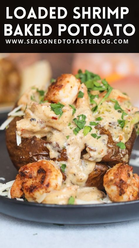 Potato Recipes Bbq, Shrimp Baked Potato Recipe, Loaded Shrimp Baked Potato, Shrimp Baked Potato, Creamy Cajun Sauce, Baked Potato Dinner, Baked Potato Toppings, Baked Potato Bar, Cajun Sauce