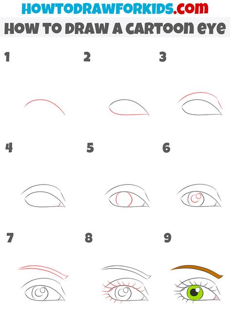 how to draw a cartoon eye step by step Eye Easy Drawing, Eyes Drawing Step By Step, Portrait Basics, Draw Cartoon Eyes, Eye Step By Step, Art Steps, Draw Anatomy, Sketchbook Diary, Drawing Eye