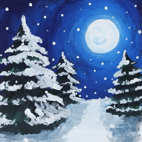 Easy Acrylic Painting | Winter Landscape | Acrylic Painting Tutorial For Beginners Painting Winter Scenes Easy, Painting Ideas For Winter, Easy Winter Paintings For Beginners Step By Step, Winter Landscape Drawing Easy, Snowy Paintings Easy, Acrylic Painting Ideas Winter, Tree With Snow Painting, Acrylic Snow Painting, Canvas Painting Ideas Winter