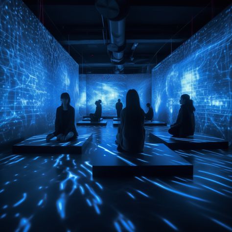 digital walls, cyberspace, meditation room, dark blue, immersive experience design Immersive Experience Art Installations, Immersive Experience Design, Projection Mapping Installation, Immersive Museum, Immersive Room, Immersive Design, Immersive Environment, Water Projection, Immersive Exhibition