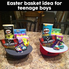 Great idea for older boys who no longer want to carry around Easter baskets! Fill up hats with some of their favorite snacks. Saving this.... Boys Easter Basket, Awesome Crafts, Easter Basket Ideas, Diy Ostern, Easter Goodies, Gifts For Teen Boys, Cadeau Diy, Easter Time, Boys Easter