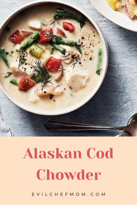 Alaskan Cod Chowder Alaskan Pollock Recipes, Recipe Heavy Cream, Alaskan Cod Recipe, Alaskan Recipes, Cod Chowder, Fish Chowder Recipe, Pollock Recipes, Chicken Kale Soup, Alaskan Food