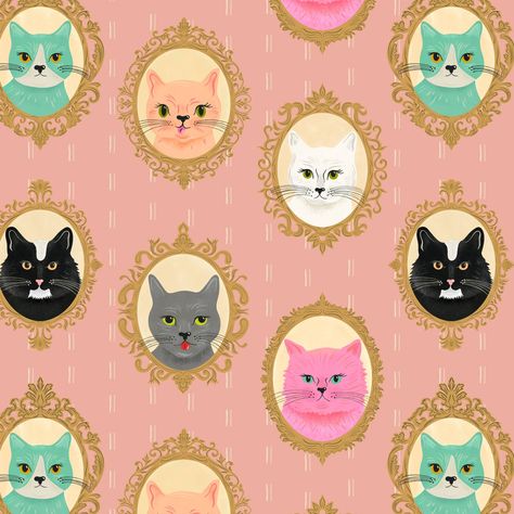 I started drawing cat portraits one day, and ended up with this fun pattern. I loved the idea of the juxtaposition between cute, silly, brightly-colored cat faces with vintage ornamental victorian picture frames. I tied it all together to tell the story that they're hanging on a wall with pink and white wallpaper. Which cat do you like best? 😻 #SurfacePatternDesign #SurfaceDesign #artforlicensing #artlicensing #licensingartist #artlicensingdesign #illustrationartists #cat #catillustration #c... Pink And White Wallpaper, 2025 Bujo, Doodling Ideas, Daily Illustration, Victorian Picture Frames, Cat Faces, Drawing Cat, Shrink Plastic, Art Licensing