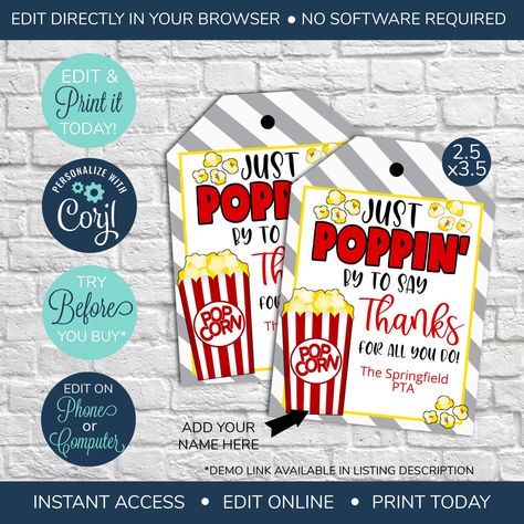 Popcorn Gift Tag, Welcome Back Gifts, Appreciation Gifts Diy, Staff Appreciation Gifts, Popcorn Gift, Appreciation Ideas, Nursing Teacher, Employee Appreciation Gifts, Free Gift Tags