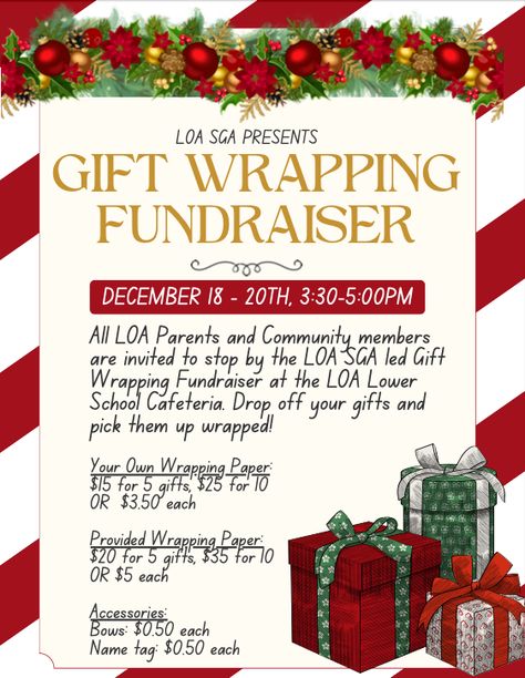 As part of the LOA Student Government Association's (SGA) efforts to raise funds for the senior gift, we are hosting a Gift Wrapping Fundraiser! 🎁 If you are interested, please fill out this form: https://bit.ly/48jeD7Y #CharterSchool #Education #StudentGovernment Event Fundraising Ideas, Club Fundraising Ideas High School, High School Fundraising Ideas Senior Year, Student Council Fundraiser Ideas, Senior Fundraising Ideas High Schools, Easy School Fundraiser Ideas, Stuco Fundraiser Ideas, Personal Fundraising Ideas, Class Fundraising Ideas High School