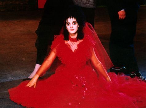 Winona Ryder Halloween costume ideas you'll love: Lydia Deetz, Beetlejuice Beetlejuice Red Dress, Lydia Deetz Costume Red, Lydia Deetz Wedding Dress, Lydia Deetz Wedding, Horror Cinematography, Lydia Deetz Costume, Beetlejuice Dress, Drew Barrymore 90s, Red Characters