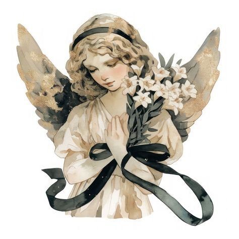 Serene angel holding flowers | free image by rawpixel.com / Boom Angel Watercolor, Adult Aesthetic, Angel Flowers, Black Coquette, Angelic Aesthetic, Aesthetic Angel, Watercolor Angel, Angel Illustration, Aesthetic Writing