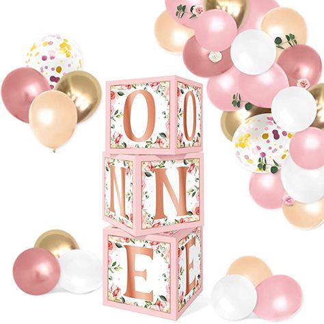 AmazonSmile: Rose Gold Floral One Balloons Boxes Decoration Baby First Birthday Backdrop Blocks Pink Flowers Photo Centerpieces One Year Anniversary Celebration Favor Ideas : Toys & Games First Birthday Backdrop, Photo Centerpieces, Spring Party Decorations, First Birthday Balloons, 1st Birthday Girl Decorations, Rosé Theme, Transparent Balloons, Floral Balloons, Balloon Box