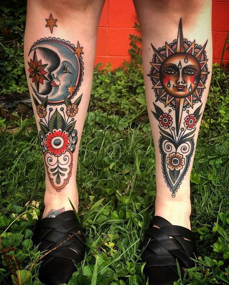 Traditional Tattoo on Instagram: “#tattoo by @jimison_tattooer  ... ... ... ... #traditional #vintagetattoo #traditionaltattoo #boldwillhold #traditionalartist…” Mangas Tattoo, Shin Tattoo, Bouquet Tattoo, Sun Moon And Stars, Instagram Tattoo, Traditional Tattoo Art, Traditional Tattoos, School Tattoo, Vintage Tattoo