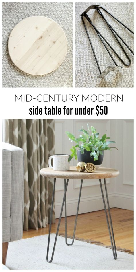 Make this mid-century modern side table for under $50. Super easy DIY table. Looks great with any style from farmhouse to industrial. Mid Century Modern Side Table, Mid Century Side Table, Diy Side Table, Mid Century Modern Table, Mid Century Living Room, Diy Casa, Mid Century Modern Decor, Modern Side Table, Diy Furniture Table