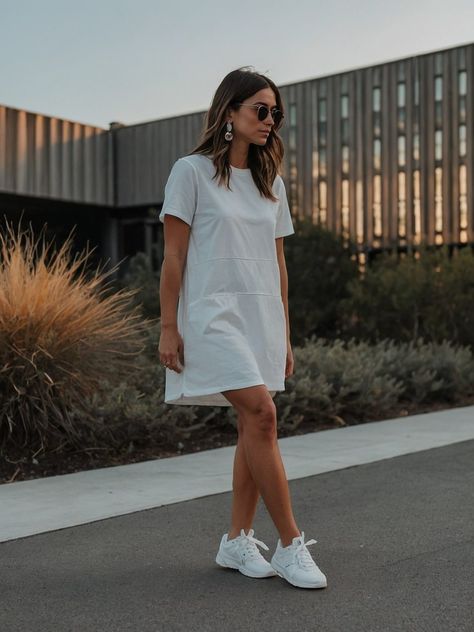 40 Dress and Sneakers Outfit Ideas: A 2024 Guide to Effortless Chic White Dress White Sneakers, A Line Dress With Sneakers, White Dress And Sneakers, Dress And Sneakers Outfit Casual, White Sneakers With Dress, Tee Shirt Dress Outfit, Dress With White Sneakers, White Tee Shirt Dress, Classic White Sneakers