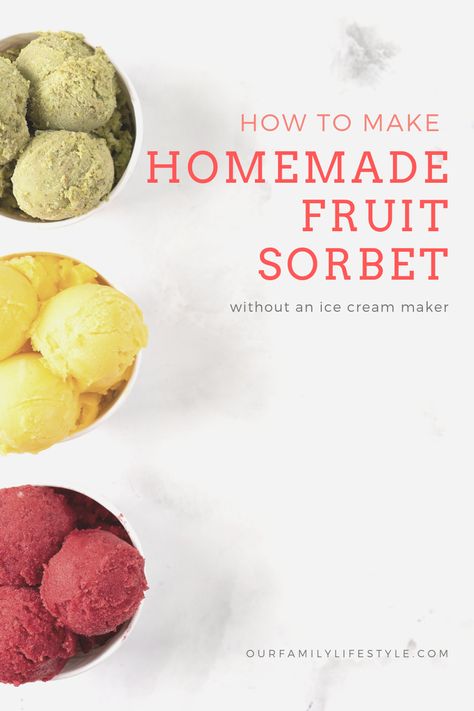 How to Make Homemade Fruit Sorbet Without an Ice Cream Maker. You can make homemade fruit sorbet with any of your favorite fruits – and you don't even need an ice cream maker to do it! Making Sorbet Without Ice Cream Maker, Homemade Sorbet Without Ice Cream Maker, How To Make Sorbet Without A Machine, Diy Sorbet With Frozen Fruit, Homemade Fruit Sorbet, Sorbet Recipes Without Ice Cream Maker, How To Make Sorbet With Frozen Fruit, Homemade Ice Cream Recipes Without Maker, Sorbet Recipes For Ice Cream Maker