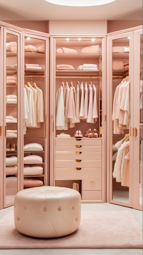 Light pink and rose gold closet Light Pink Walk In Closet, Pink Walk In Wardrobe, Pink Closet Ideas, Rose Gold Wardrobe, Luxury Closet Designs Women, Light Pink Furniture, Pink Walk In Closet, Closet Rosa, Bedroom Rose Gold