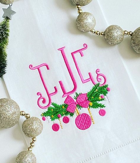 Three Letter Monogram, Monogram Cocktail Napkins, Monogrammed Christmas Ornaments, Embroidered Christmas Ornaments, Linen Hand Towels, Christmas Linen, Christmas Embroidery Designs, Embroidered Christmas, Christmas Monogram