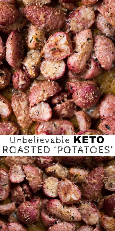 Low Carb & Keto Roasted Radishes i.e. 'Potatoes' #keto #ketorecipes #ketodiet #glutenfree #lowcarb #radishes Radish Dishes, Keto Potatoes, Keto Substitutes, Meal List, Carb Sides, Diet Lunch, Keto Salads, Keto Side, Roasted Radishes