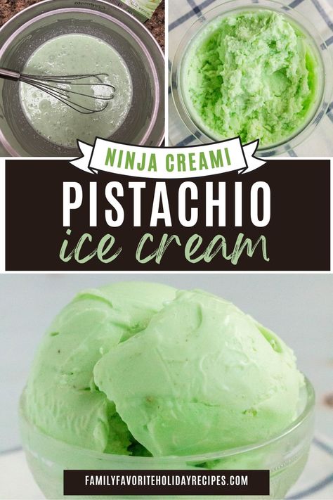 Learn how to make pistachio ice cream in your Ninja Creami, using pudding mix! It's so easy to do, and the result is rich, creamy, and delicious. Creami Pistachio Ice Cream, Ninja Creami Pudding Ice Cream Recipes, Ninja Creami Pistachio Gelato, The Tasty Travelers Ninja Creami, Pistachio Ice Cream Recipe Ninja Creami, Creamy Ninja Recipes, Pudding Ninja Creami, Pistachio Ninja Creami Recipe, Pistachio Ninja Creami