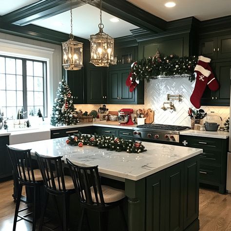 Holiday Magic: 30 Stunning Christmas Kitchen Decor Inspirations Kitchen Christmas Decor Dark Cabinets, Christmas Kitchen Decor Ideas Brown Cabinets, Dark Kitchen Christmas Decor, Black Kitchen Cabinets Christmas Decor, Brown Kitchen Cabinets Christmas Decor, Kitchen Cabinet Bows Christmas, Kitchen Island Christmas Decor Ideas, Christmas Kitchen Mats, Christmas Decor Trends