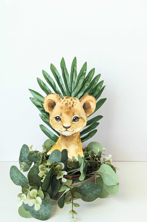 Jungle Birthday Centerpieces, Lion Centerpiece Ideas, Safari Centerpieces Birthday, Jungle Baby Shower Theme Centerpieces, Boho Jungle Baby Shower Ideas, Born To Be Wild Baby Shower Ideas, Safari Centerpieces Baby Shower Ideas, Jungle Centerpieces Ideas, Baby Shower Jungle Theme Boy